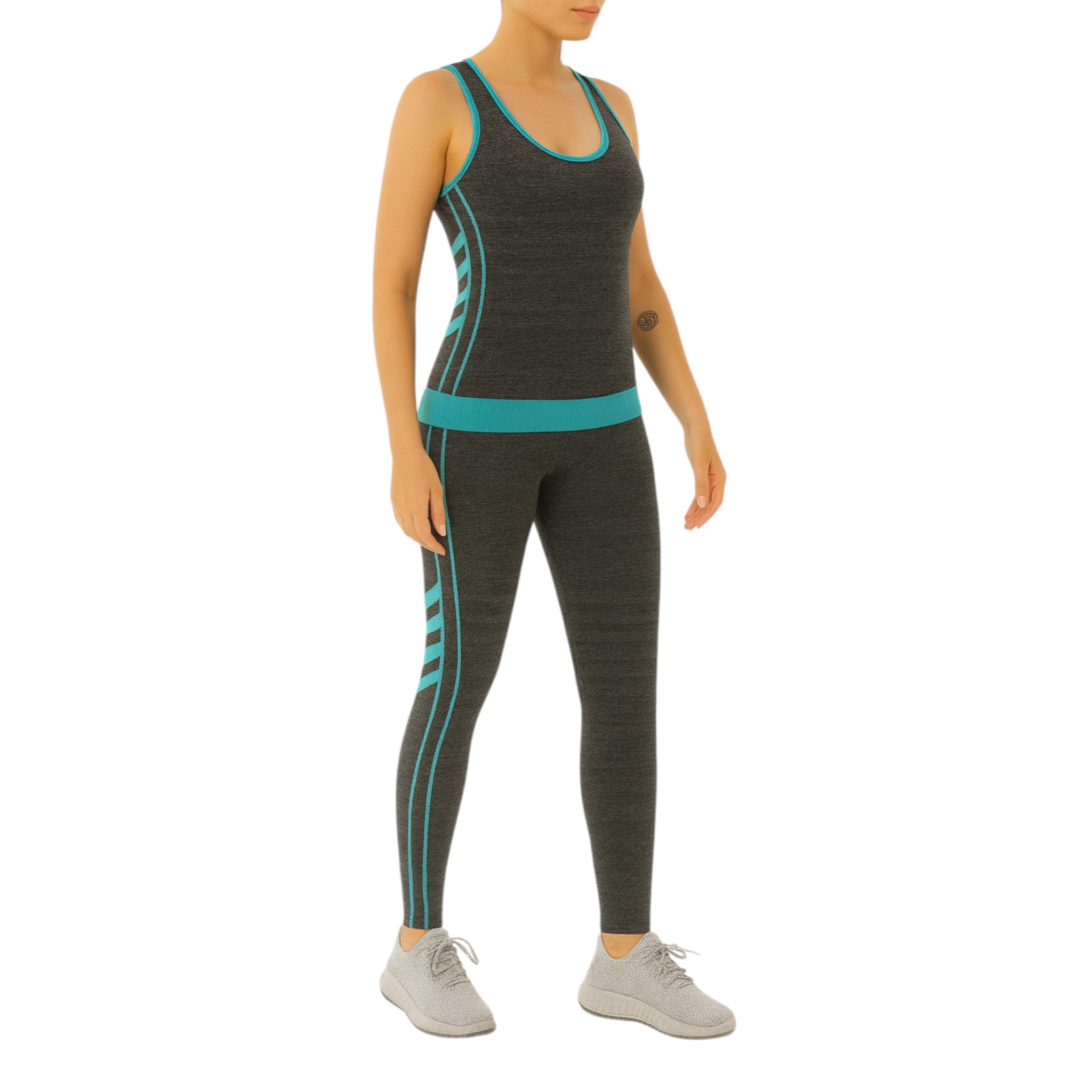 Women's seamless grey and turquoise gym leggings and tank top activewear gymwear set with stripe detailing.